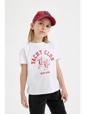 DeFacto Kız Çocuk Kısa Kollu Baskılı Tişört Bisiklet Yaka Pamuklu Rahat Kesim