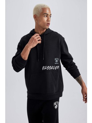 DeFactoFit NBA Brooklyn Nets Standart Fit Kapüşonlu Kalın Sweatshirt A9679AX23WN