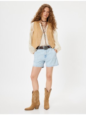 Koton Mini Kot Şort Yüksek Bel Düğmeli Cepli Rahat Kalıp Pamuklu