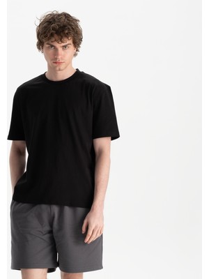 Uniu Erkek Siyah %100 Organik Pamuk Relax Fit Bisiklet Yaka T-Shirt