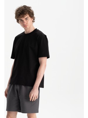 Uniu Erkek Siyah %100 Organik Pamuk Relax Fit Bisiklet Yaka T-Shirt