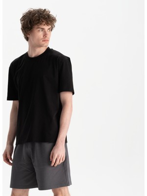 Uniu Erkek Siyah %100 Organik Pamuk Relax Fit Bisiklet Yaka T-Shirt