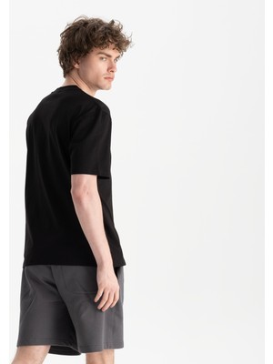 Uniu Erkek Siyah %100 Organik Pamuk Relax Fit Bisiklet Yaka T-Shirt