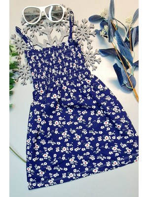 Royaleks Yazlık Ip Askılı Kız Çocuk Elbise Lacivert Papatya Desenli