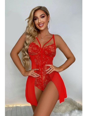 Yeni Nesil Toptancı - YNT Norn Fashion Kırmızı Özel Bölgesi Açık Babydoll Gecelik 15034