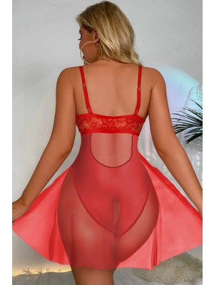 Yeni Nesil Toptancı - YNT Norn Fashion Kırmızı Özel Bölgesi Açık Babydoll Gecelik 15034