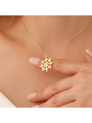 Nox Jewelry 14 Ayar Altın Mikron Kaplama Taşlı Dümen Kolye - Taşlı Deniz Temalı Kadın Kolye - CNS00536