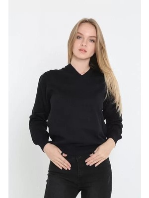 Stil Aura Unisex Uzun Kol V Yaka Triko Kazak - Siyah