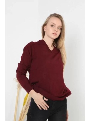 Stil Aura Unisex Uzun Kol V Yaka Triko Kazak - Bordo