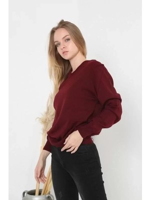 Stil Aura Unisex Uzun Kol V Yaka Triko Kazak - Bordo