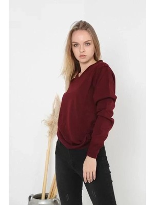 Stil Aura Unisex Uzun Kol V Yaka Triko Kazak - Bordo