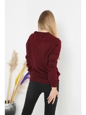 Stil Aura Unisex Uzun Kol V Yaka Triko Kazak - Bordo