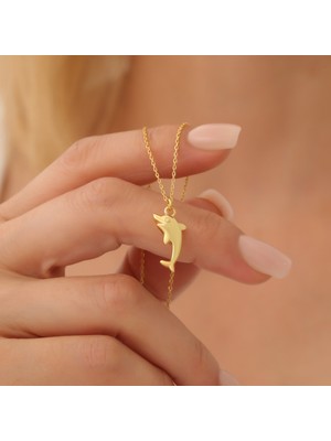 Nox Jewelry 14 Ayar Altın Mikron Kaplama Yunus Figürlü Minimal Gümüş Kolye - CN00346