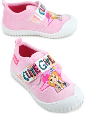 Gezer Kız Çocuk Panduf Ayakkabı Kışlık Cırtlı Ayarlanabilir Taban Pembe Renkli Desenli