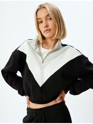 Koton Crop Sweatshirt Yarım Fermuarlı Renk Bloklu Dik Yaka Üç Iplik Şardonlu