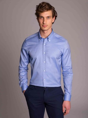 Dufy Koyu Mavi Pamuklu Oxford Klasik Erkek Gömlek - Slim Fit