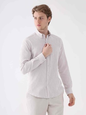Dufy Bej Erkek Slim Fit Gofre Desenli Düğmeli Yaka Uzun Kol Gömlek