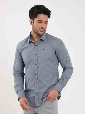 Dufy Mavi Erkek Slim Fit Desenli Brent Yaka Uzun Kol Gömlek - 102529