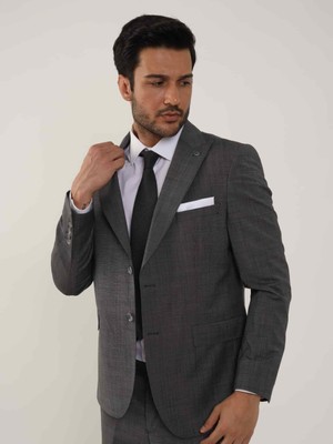 Dufy Koyu Gri Erkek Slim Fit Desenli Sivri Yaka Takım Elbise - 105138