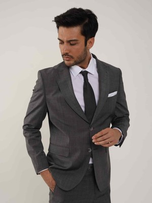 Dufy Koyu Gri Erkek Slim Fit Desenli Sivri Yaka Takım Elbise - 105138