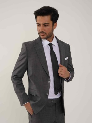 Dufy Koyu Gri Erkek Slim Fit Desenli Sivri Yaka Takım Elbise - 105138