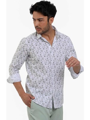 Dufy Yeşil Erkek Slim Fit Çiçek Desenli Brent Yaka Uzun Kol Gömlek - 104785