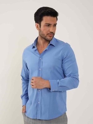 Dufy Koyu Mavi Erkek Slim Fit Düz Klasik Yaka Uzun Kol  Gömlek