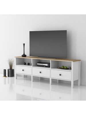 Sakura Ahşap Sakura Suva  3 Çekmeceli  Tv Ünitesi -Wood Beyaz-Minifiks Bağlantılı