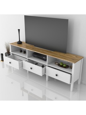 Sakura Ahşap Sakura Suva  3 Çekmeceli  Tv Ünitesi -Wood Beyaz-Minifiks Bağlantılı