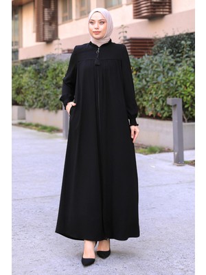 Asilnur Kadın Siyah Robalı Cepli Ferace İnce İpek Kumaş ile Dört Mevsim Kullanıma Uygun