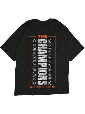 Hey Efulim The Champions Yazılı Basketbol Topu Tasarım Baskılı Oversize Unisex Siyah T-Shirt