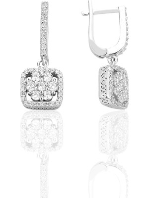 Söğütlü Silver Gümüş Rodyumlu Zirkon Taşlı Pırlanta Montür Tasarım Kare Sallantılı Küpe SGTL12569RODAJ