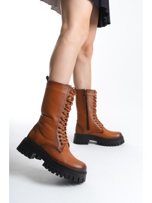 Shoemix Taba Kadın  Deri Fermuarlı Bağcıklı Bot