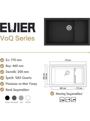 Evier Köşeli Granit Evye Voq Series Black (Siyah) 2 Yıl Granit 1