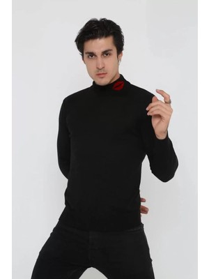 Unisex Yarım Boğazlı Baskılı Dokuma Triko - Siyah