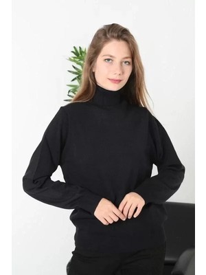 Stil Aura Unisex Tam Boğazlı Balıkçı Yaka Dokuma Triko - Siyah