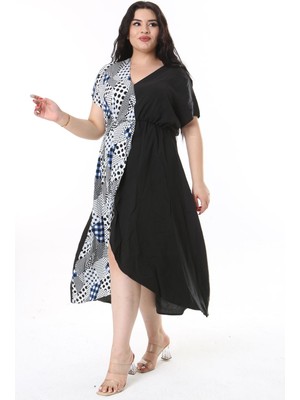 Şans Kadın Büyük Beden Lacivert Anvelop Yakalı Beli Lastikli Kısa Kollu Garnili Elbise 65N38190