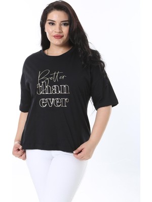 Şans Kadın Büyük Beden Siyah Ön Baskılı Kısa Kollu Bluz 65N38224