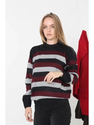 Stil Aura Unisex Kalın Çizgili Bisiklet Yaka Triko Kazak - Bordo