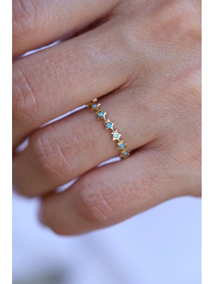 Yenigün Kuyumculuk 14 Ayar Altın Firuze Taş Detaylı Yıldız Dizisi Yüzük