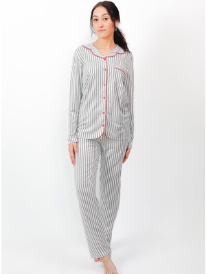 Cotonhause Kadın Gömlek Yaka %100 Pamuk Çizgili Kırmızı Pijama Takımı 2444