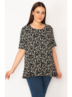 Şans Kadın Büyük Beden Siyah Pamuklu Kumaş Bisiklet Yakalı Çiçek Desenli Tunik 65N38137