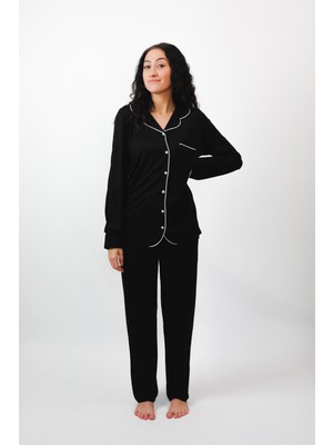 Cotonhause Kadın Uzun Kol Önden Düğme Gömlek Yaka Siyah Pijama Takımı 14496