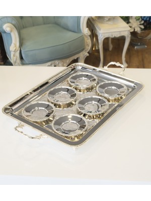 Bakır Concept Gümüş Kaplama Çay Seti (Gümüş kaplama çay tepsisi ve 6 adet çay tabağı) İngiliz Bordür Model