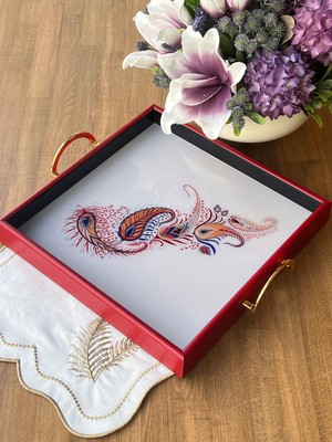 Rossev Queen Red Mixed Ahşap Kare Tepsi