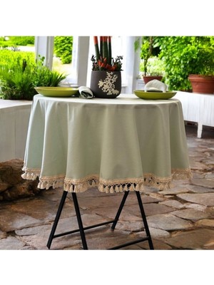 NDC Home Premium Keten Adaçayı Yuvarlak Ham Ponponlu Masa Örtüsü
