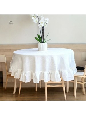 NDC Home Premium Beyaz Keten Fırfırlı Yuvarlak Masa Örtüsü El Yapımı Kumaş 1 Parça