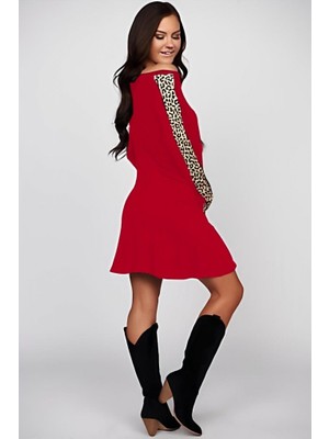 Veraura Lifestyle Kadın Uzun Kollu Bisiklet Yaka Kollar Leopar Detay Iki Iplik Mini Boy Elbise