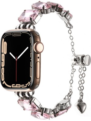 ZORE Apple Watch Uyumlu 7 45MM KRD-115 Renkli Taş Tasarımlı Kordon-Rose Pembe