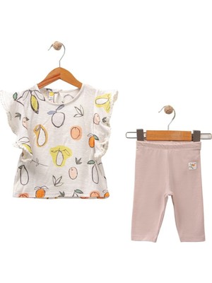 Kız Bebek Ekru Pudra Kayısı Baskılı Taytlı 2'li Takım